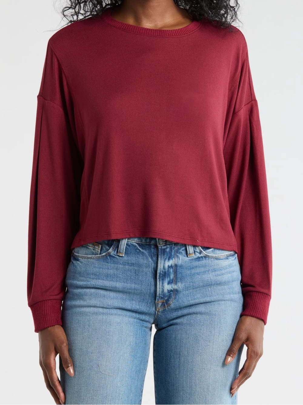 Lucky Brand Women’s XS Burgundy Solid Knit Crew Neck Long Sleeve Back Detail Top